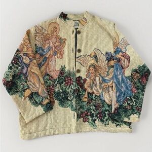 VINTAGE Sugar Street Weavers Angels Tapestry Jacket Button Up USA 90s Large Rare